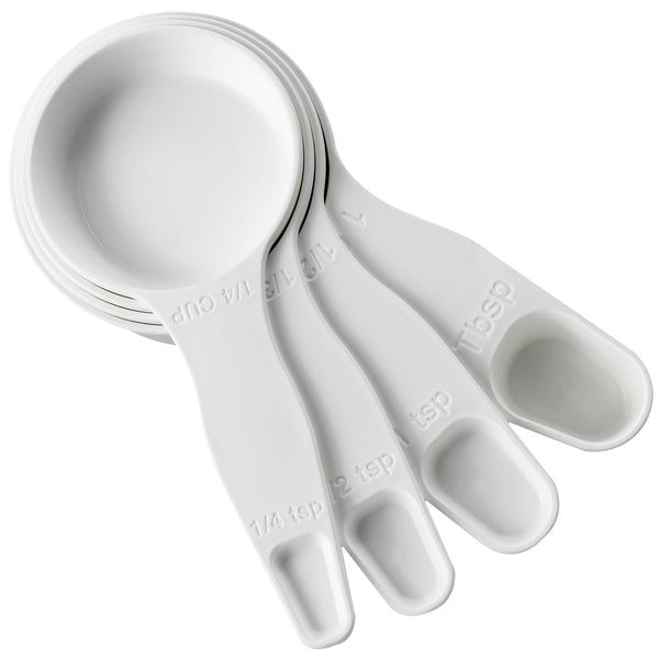 White Plastic Measuring Spoons With Capacity Marking, 1/4, 1/2, 1